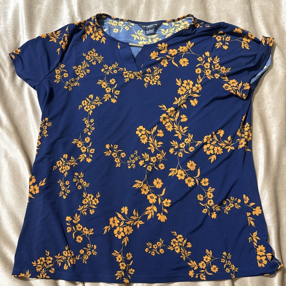 Liz Claiborne Career Navy Blue with Yellow Floral Jersey V-Neck Short Sleeve Top